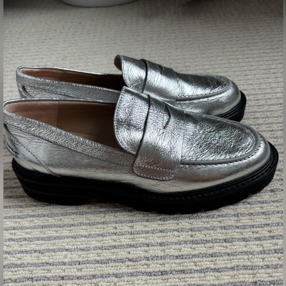 Stuart Weitzman Silver Metallic Lug Sole Penny Loafers NWOT - Women’s 5B - Picture 5 of 9